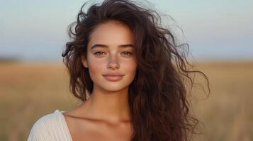 A beautiful young woman with long hair in a field photo