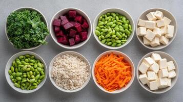 A variety of vegetables in bowls photo