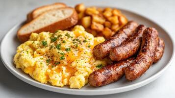 A plate with scrambled eggs, sausage and toast photo