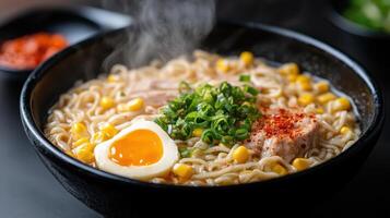 A bowl of ramen with an egg and vegetables photo