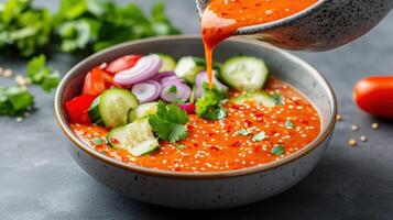 A bowl of soup with vegetables and a spoon photo