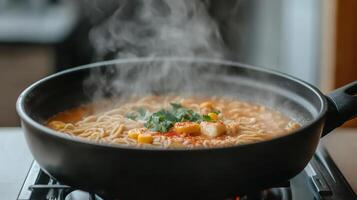 A pan with noodles and vegetables cooking on top photo