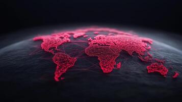 The world map is shown in red on a black background photo