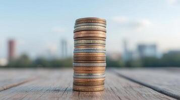 Stack of coins on wooden table with cityscape in background photo