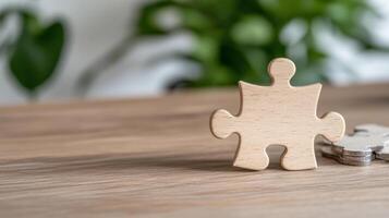 A wooden puzzle piece on a table with a plant in the background photo