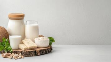 Dairy products on a wooden table photo