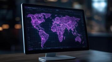 A monitor with a world map on it photo