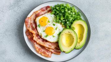 Fried eggs, bacon and avocado on a plate photo