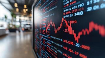 A screen displaying stock market data in an office photo