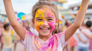 A little girl with her face covered in colored paint photo