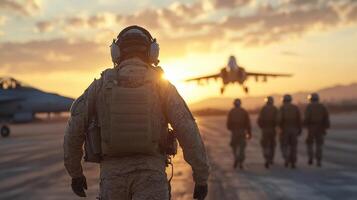 A soldier is walking towards a jet photo