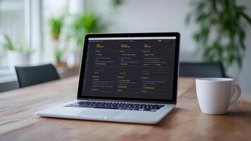 A laptop on a wooden table with a cup of coffee photo