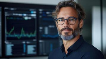 A man with glasses and a beard standing in front of a computer screen photo