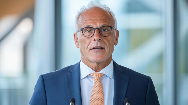 An older man in a suit and tie speaking into a microphone photo