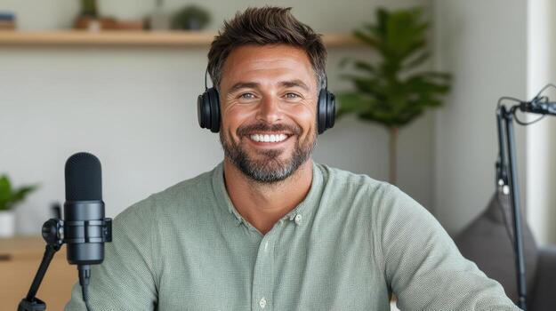A man with headphones and a microphone in front of a computer photo