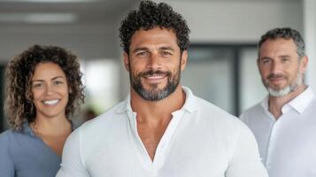 A man with a beard and two women standing in front of him photo