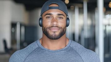 A man wearing headphones in a gym photo
