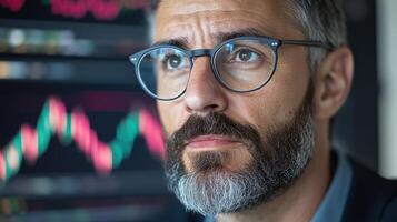 A man with glasses and a beard looking at a stock chart photo