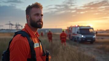 A man in an orange shirt standing in front of a truck photo