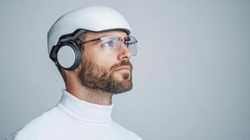 A man wearing glasses and a white helmet photo