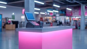 A pink illuminated counter with a cash register photo