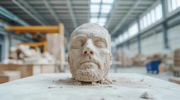 A sculpture of a man's face sitting on a table photo
