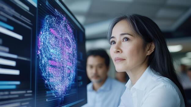 un mujer mirando a un computadora pantalla con un digital imagen foto