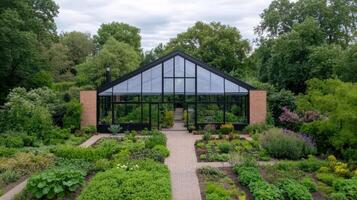 A garden with a greenhouse and a walkway photo