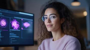 focused woman with curly hair and glasses is working on computer, analyzing data visualizations photo