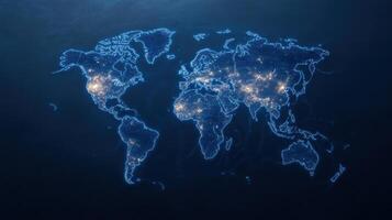 glowing world map showcasing illuminated cities and regions, representing global connectivity photo