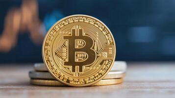 golden cryptocurrency coin stacked wooden surface, symbolizing digital finance and investment photo