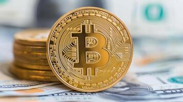 golden cryptocurrency coin placed on top of US dollar bills, symbolizing digital finance photo