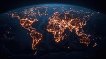 Illuminated world map showcasing key regions and cities at night, highlighting urban areas photo