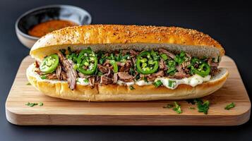 A sandwich with meat and jalapenos on a cutting board photo