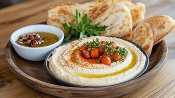 Creamy hummus topped with fresh tomatoes and herbs, served with pita bread and olive oil photo