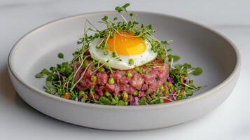 A plate with a meat dish and an egg photo