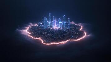 Cloud city with neon lights and skyscrapers photo