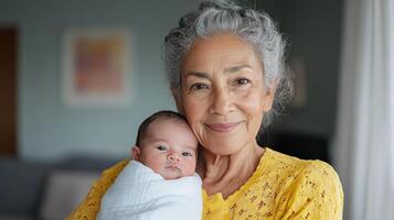 grandmother joyful smile as she holds her newborn baby close, radiating love and warmth photo