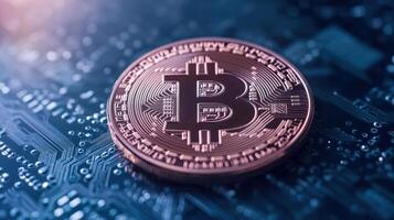 Digital currency coin on circuit board background, symbolizing modern finance and technology photo