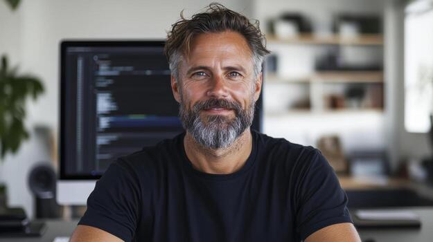 profesional hombre con barba en moderno oficina configuración, sonriente con confianza foto