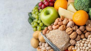 A variety of fruits and vegetables are arranged in a basket photo