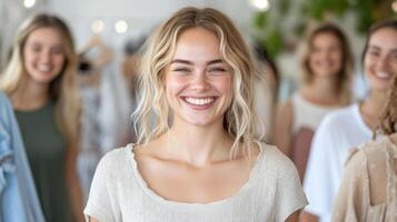 Smiling young woman in clothing store with friends, showcasing joy and friendship photo