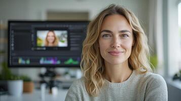 Creative professional editing content with computer in bright workspace photo