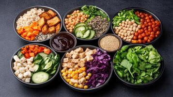 A variety of different types of vegetables in bowls photo