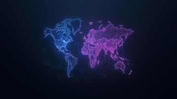 vibrant world map illuminated in blue and pink hues, showcasing global connections and networks photo