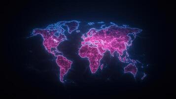 Digital world map with neon pink and blue connections, representing global networks and data photo