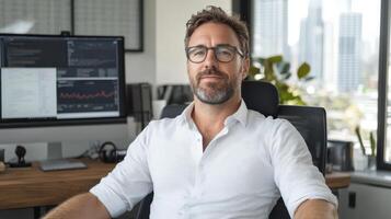 Professional man in office setting, focused on financial data analysis and corporate trends photo