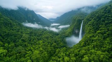Lush green mountains surround stunning waterfall cascading into misty valley, creating serene photo