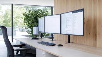 modern workspace featuring multiple monitors sleek desk, ideal for productivity and organization photo