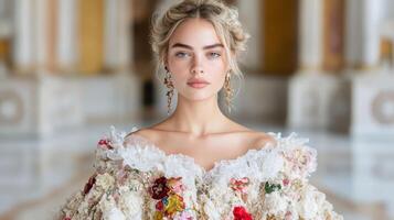 A woman wearing a floral dress and earrings photo